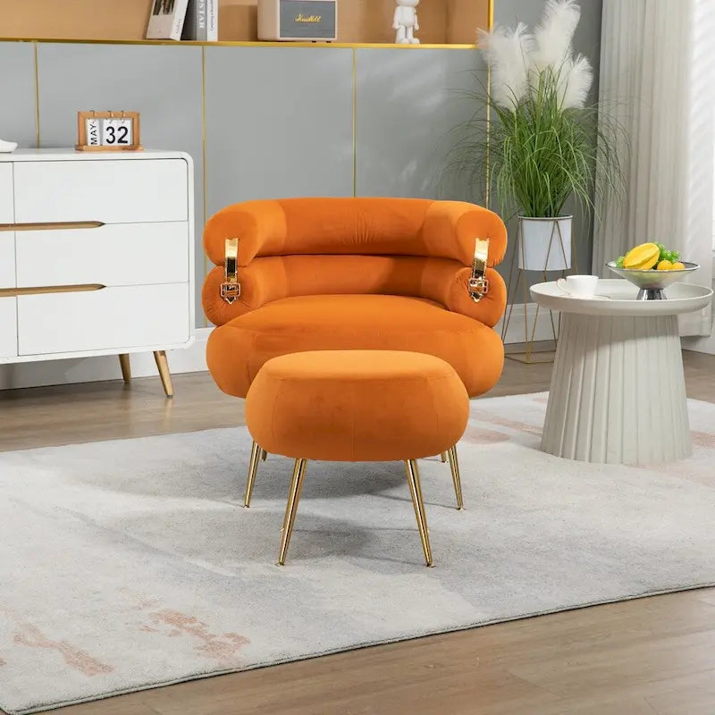 Fauteuil d'appoint en velours avec pouf, capitonné, pieds en métal doré, orange / gris / beige / vert / rouge bordeaux, 1 personne