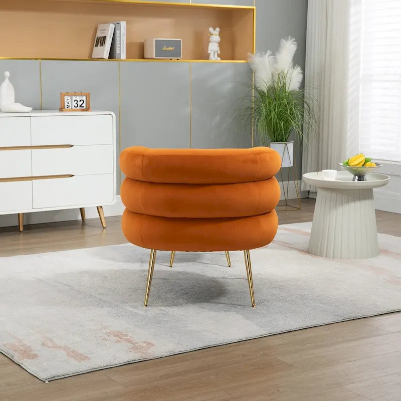 Fauteuil d'appoint en velours avec pouf, capitonné, pieds en métal doré, orange / gris / beige / vert / rouge bordeaux, 1 personne
