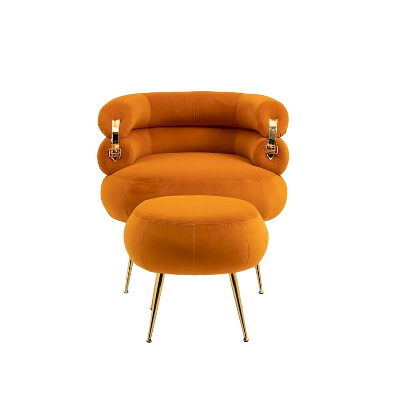 Fauteuil d'appoint en velours avec pouf, capitonné, pieds en métal doré, orange / gris / beige / vert / rouge bordeaux, 1 personne