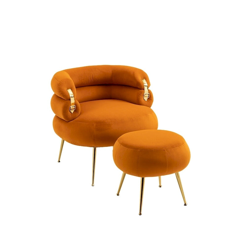 Fauteuil d'appoint en velours avec pouf, capitonné, pieds en métal doré, orange / gris / beige / vert / rouge bordeaux, 1 personne