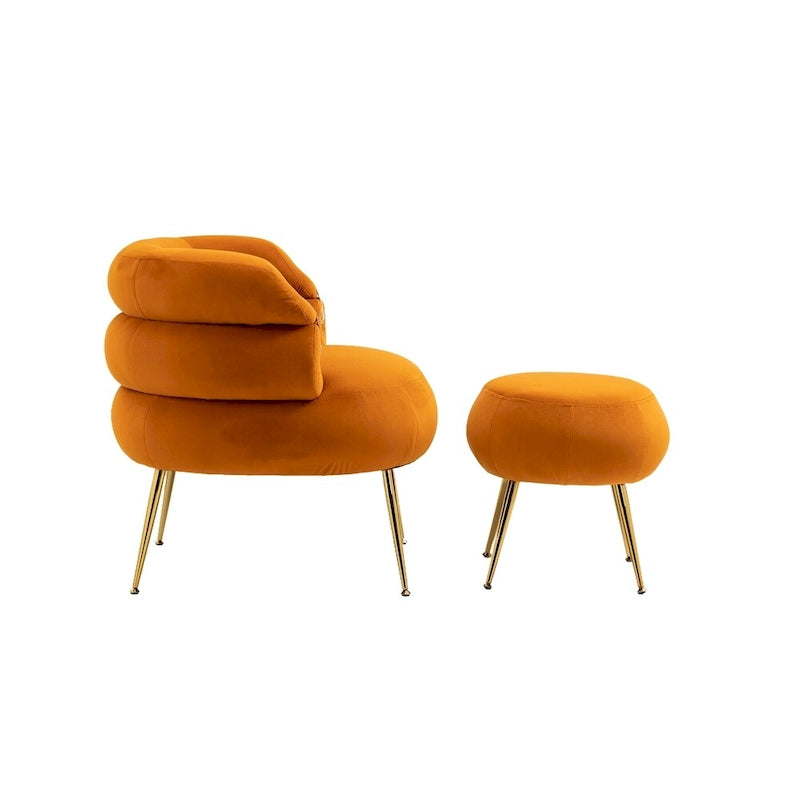 Fauteuil d'appoint en velours avec pouf, capitonné, pieds en métal doré, orange / gris / beige / vert / rouge bordeaux, 1 personne