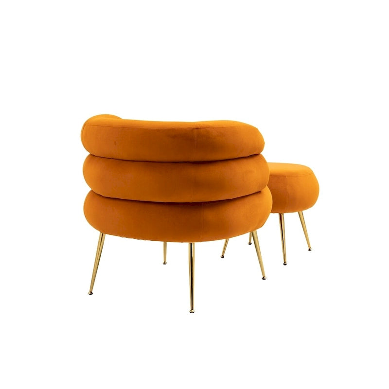 Fauteuil d'appoint en velours avec pouf, capitonné, pieds en métal doré, orange / gris / beige / vert / rouge bordeaux, 1 personne