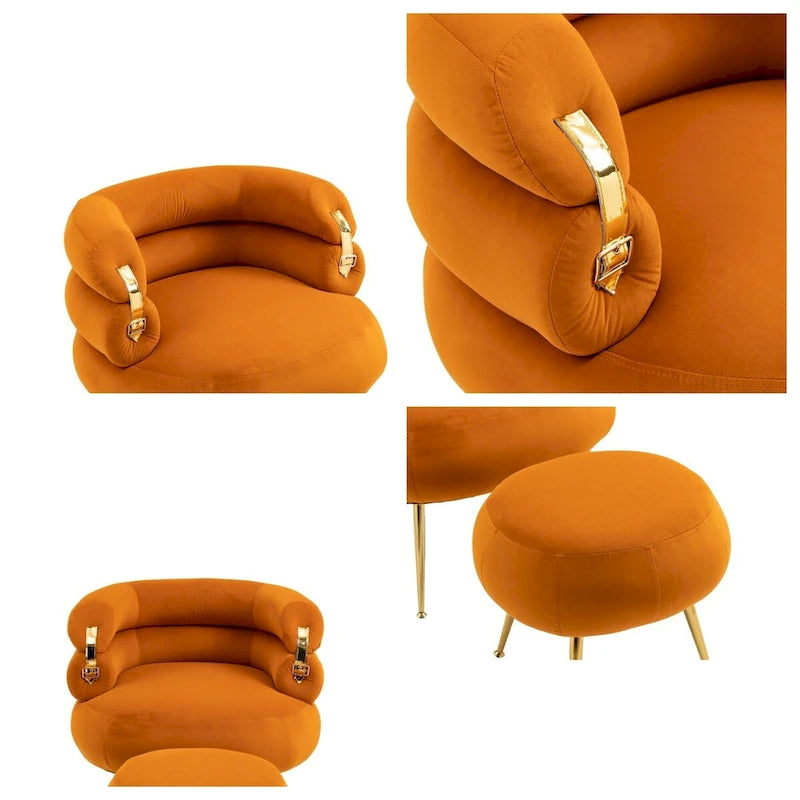 Fauteuil d'appoint en velours avec pouf, capitonné, pieds en métal doré, orange / gris / beige / vert / rouge bordeaux, 1 personne