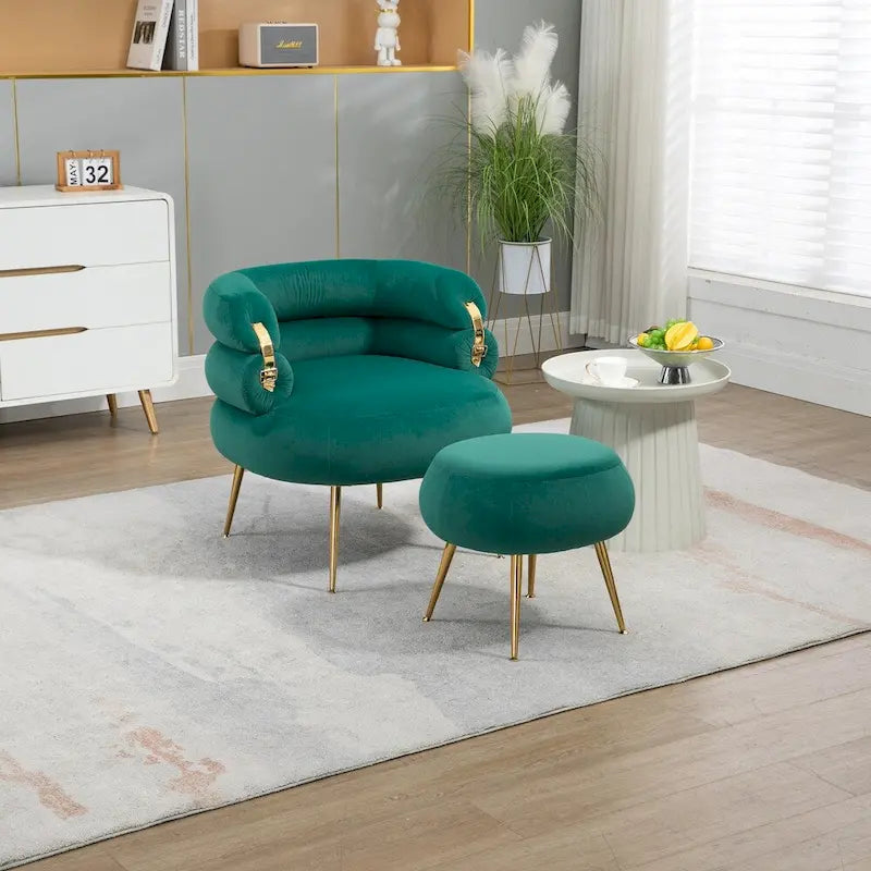 Fauteuil d'appoint en velours avec pouf, capitonné, pieds en métal doré, orange / gris / beige / vert / rouge bordeaux, 1 personne