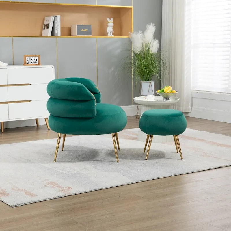 Fauteuil d'appoint en velours avec pouf, capitonné, pieds en métal doré, orange / gris / beige / vert / rouge bordeaux, 1 personne