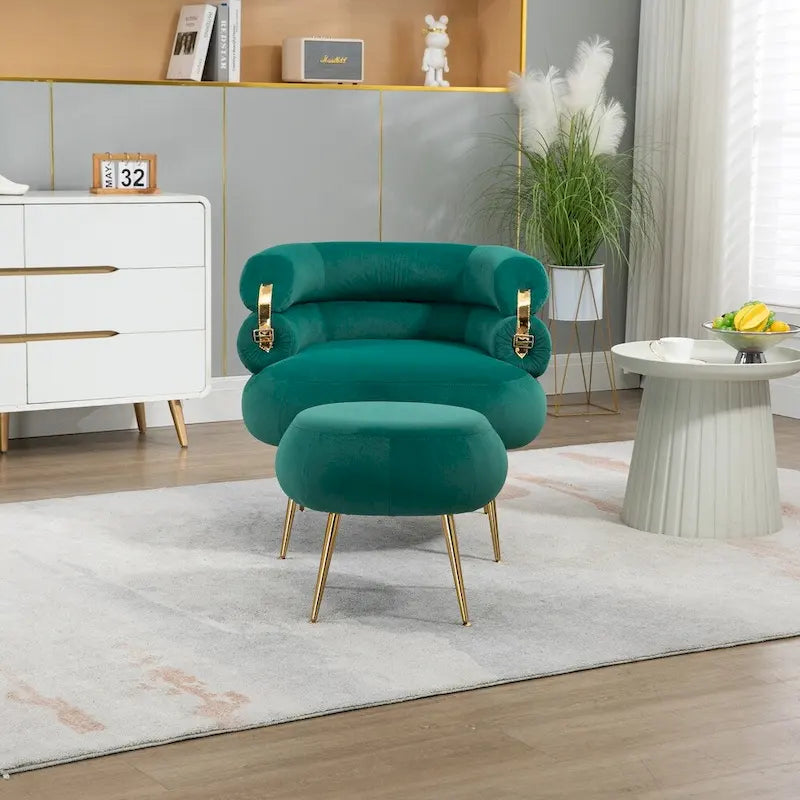 Fauteuil d'appoint en velours avec pouf, capitonné, pieds en métal doré, orange / gris / beige / vert / rouge bordeaux, 1 personne
