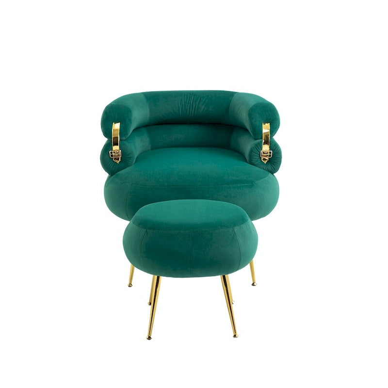 Fauteuil d'appoint en velours avec pouf, capitonné, pieds en métal doré, orange / gris / beige / vert / rouge bordeaux, 1 personne
