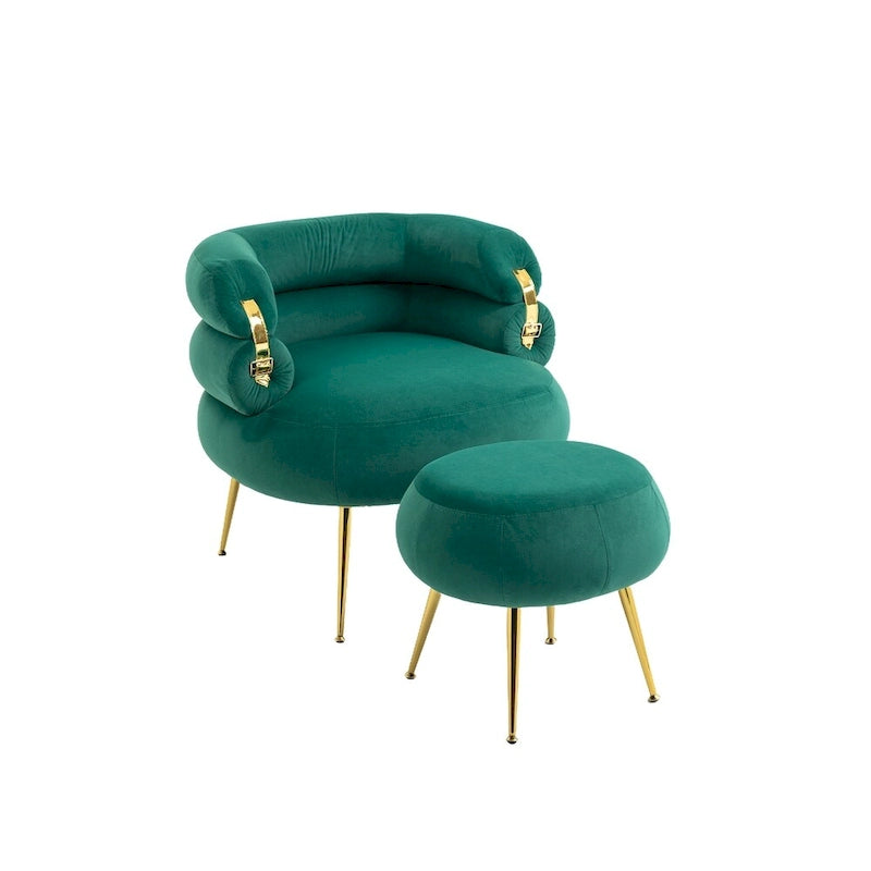 Fauteuil d'appoint en velours avec pouf, capitonné, pieds en métal doré, orange / gris / beige / vert / rouge bordeaux, 1 personne
