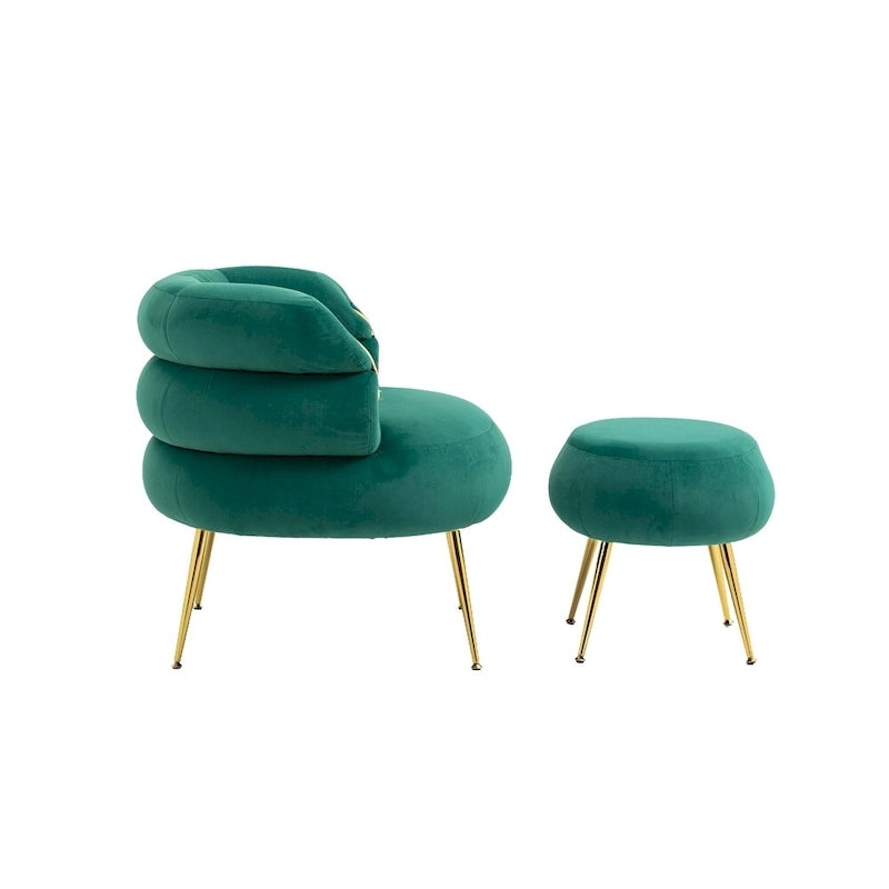 Fauteuil d'appoint en velours avec pouf, capitonné, pieds en métal doré, orange / gris / beige / vert / rouge bordeaux, 1 personne