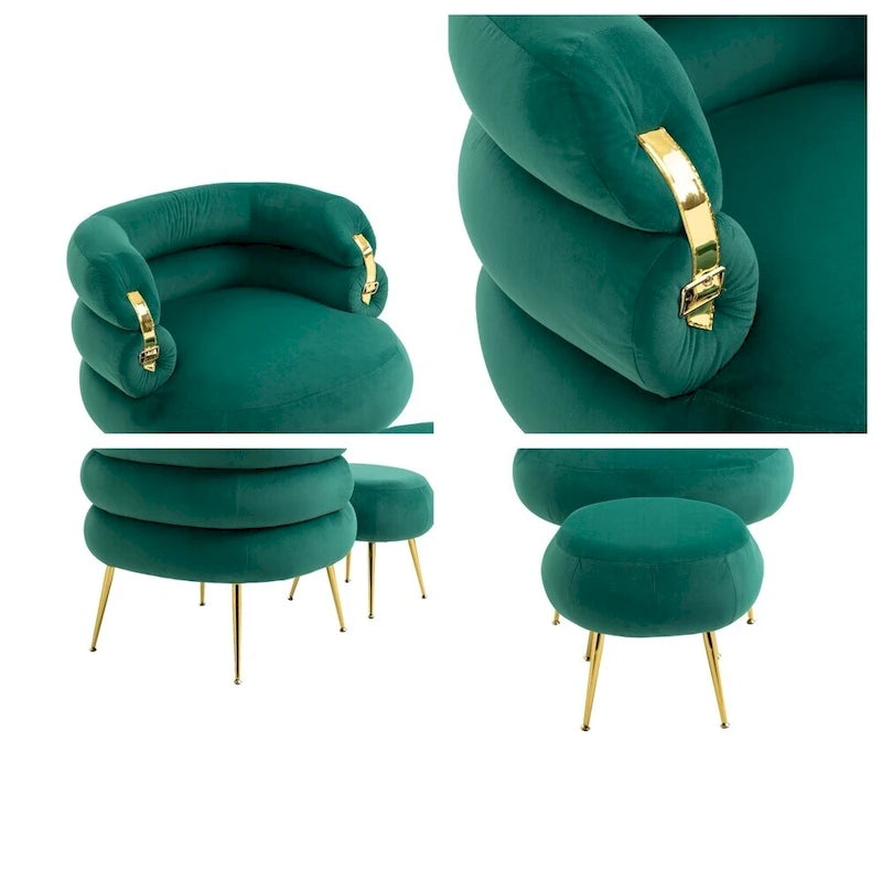 Fauteuil d'appoint en velours avec pouf, capitonné, pieds en métal doré, orange / gris / beige / vert / rouge bordeaux, 1 personne