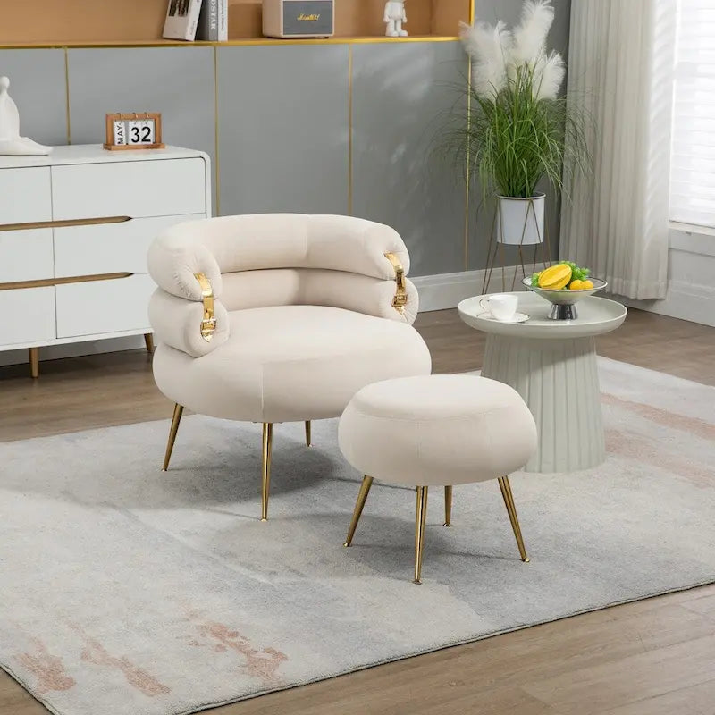 Fauteuil d'appoint en velours avec pouf, capitonné, pieds en métal doré, orange / gris / beige / vert / rouge bordeaux, 1 personne