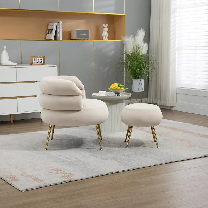 Fauteuil d'appoint en velours avec pouf, capitonné, pieds en métal doré, orange / gris / beige / vert / rouge bordeaux, 1 personne
