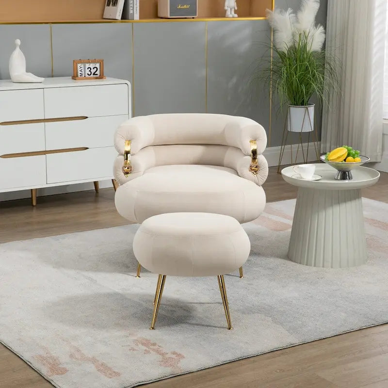 Fauteuil d'appoint en velours avec pouf, capitonné, pieds en métal doré, orange / gris / beige / vert / rouge bordeaux, 1 personne