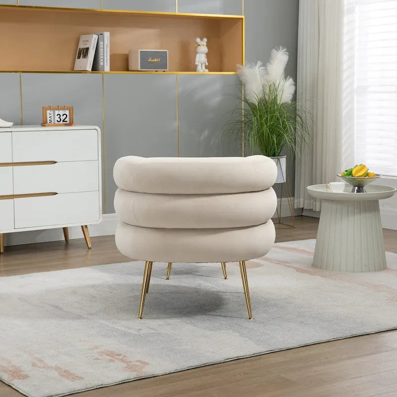 Fauteuil d'appoint en velours avec pouf, capitonné, pieds en métal doré, orange / gris / beige / vert / rouge bordeaux, 1 personne