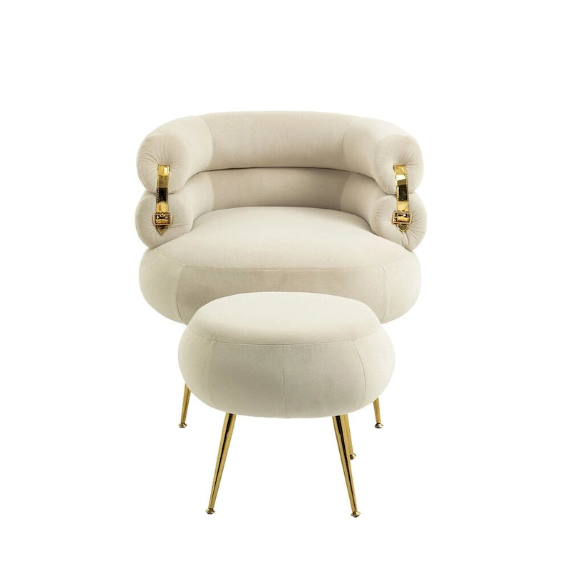 Fauteuil d'appoint en velours avec pouf, capitonné, pieds en métal doré, orange / gris / beige / vert / rouge bordeaux, 1 personne