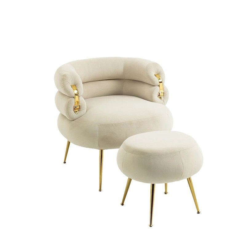 Fauteuil d'appoint en velours avec pouf, capitonné, pieds en métal doré, orange / gris / beige / vert / rouge bordeaux, 1 personne