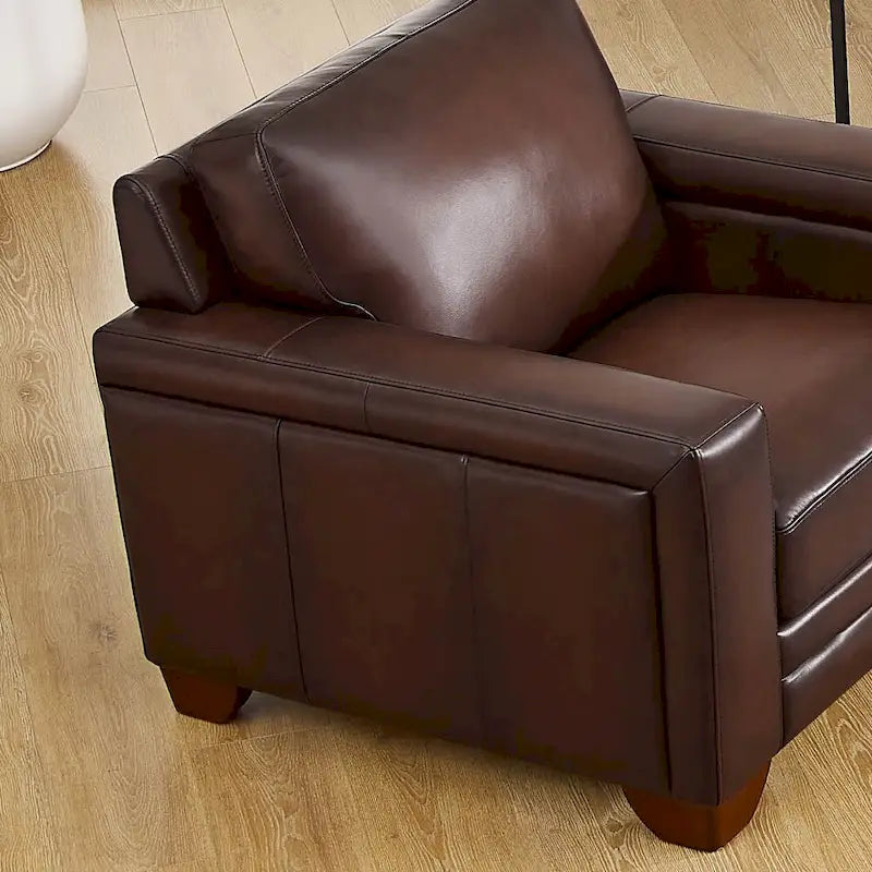 Fauteuil en cuir pleine fleur, accoudoirs carrés, clouté, gris / marron caramel, 1 personne