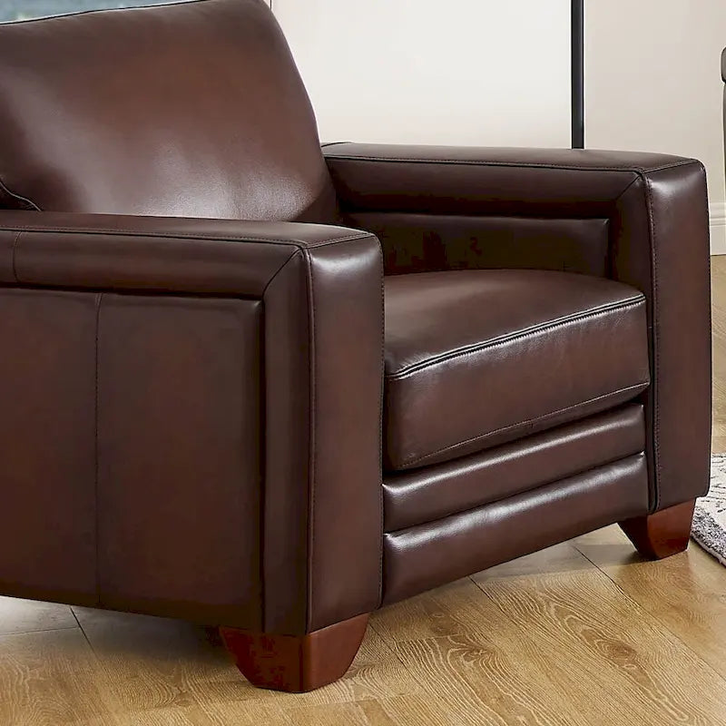 Fauteuil en cuir pleine fleur, accoudoirs carrés, clouté, gris / marron caramel, 1 personne