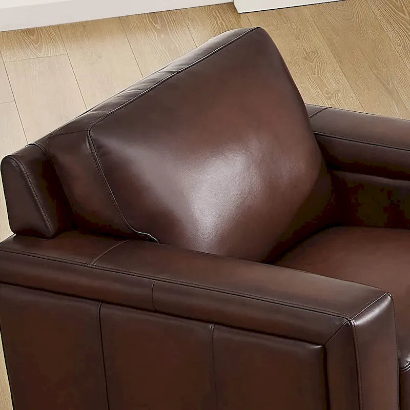 Fauteuil en cuir pleine fleur, accoudoirs carrés, clouté, gris / marron caramel, 1 personne