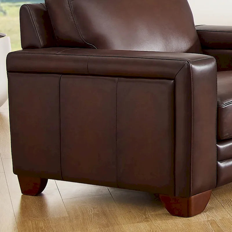 Fauteuil en cuir pleine fleur, accoudoirs carrés, clouté, gris / marron caramel, 1 personne