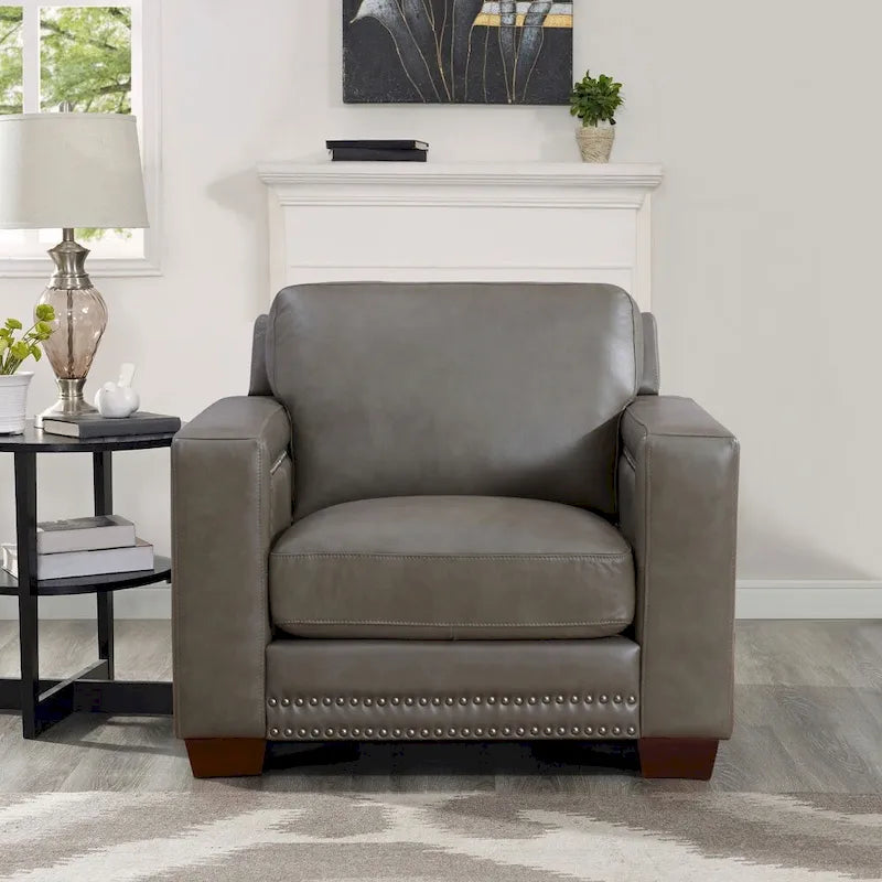 Fauteuil en cuir pleine fleur, accoudoirs carrés, clouté, gris / marron caramel, 1 personne