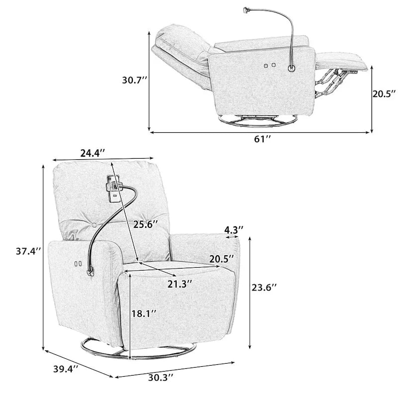 Fauteuil inclinable électrique, pivotant à 270°, réglable électriquement, porte-téléphone, bleu / gris / orange, 1 personne