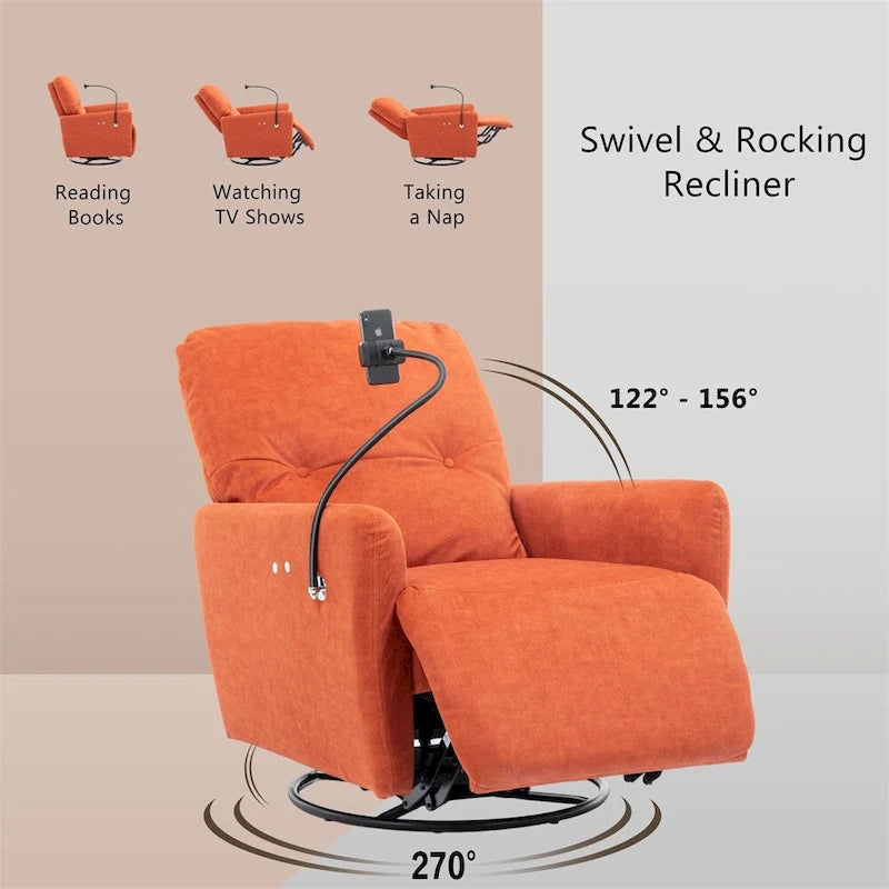 Fauteuil inclinable électrique, pivotant à 270°, réglable électriquement, porte-téléphone, bleu / gris / orange, 1 personne