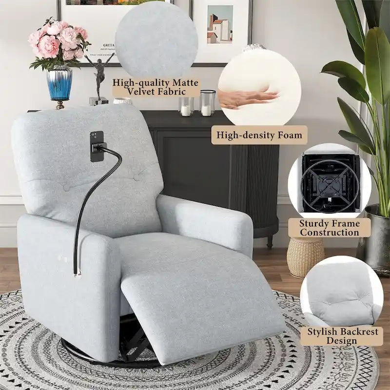Fauteuil inclinable électrique, pivotant à 270°, réglable électriquement, porte-téléphone, bleu / gris / orange, 1 personne