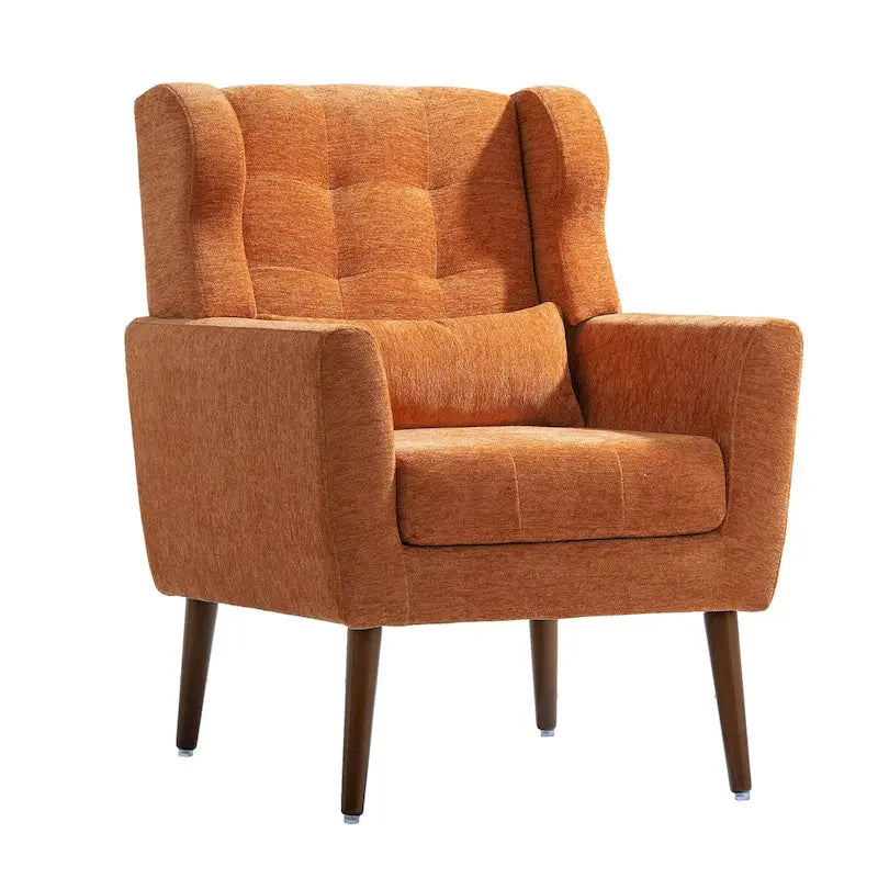 Fauteuil d'appoint, tissu chenille, pieds en bois fuselés, coussin lombaire, style milieu de siècle, avocat / orange / beige / jaune, 1 personne