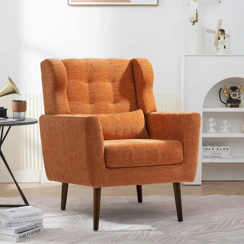 Fauteuil d'appoint, tissu chenille, pieds en bois fuselés, coussin lombaire, style milieu de siècle, avocat / orange / beige / jaune, 1 personne