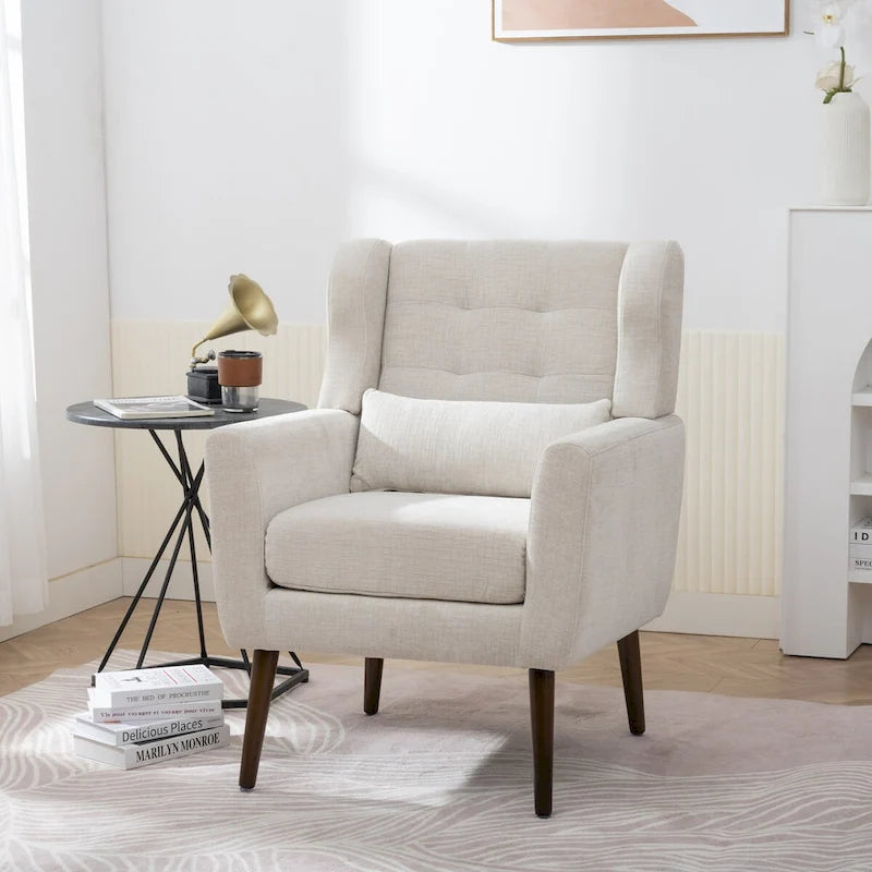 Fauteuil d'appoint, tissu chenille, pieds en bois fuselés, coussin lombaire, style milieu de siècle, avocat / orange / beige / jaune, 1 personne