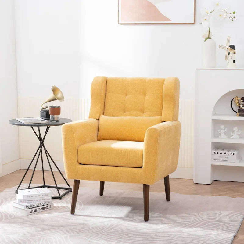 Fauteuil d'appoint, tissu chenille, pieds en bois fuselés, coussin lombaire, style milieu de siècle, avocat / orange / beige / jaune, 1 personne