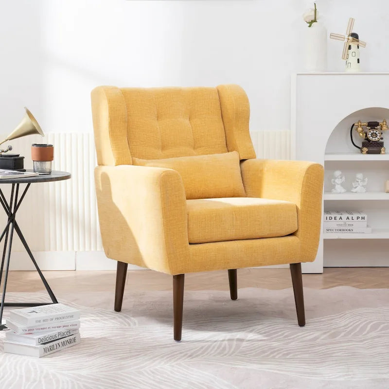 Fauteuil d'appoint, tissu chenille, pieds en bois fuselés, coussin lombaire, style milieu de siècle, avocat / orange / beige / jaune, 1 personne