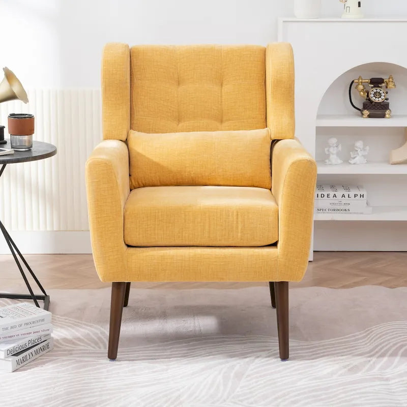 Fauteuil d'appoint, tissu chenille, pieds en bois fuselés, coussin lombaire, style milieu de siècle, avocat / orange / beige / jaune, 1 personne