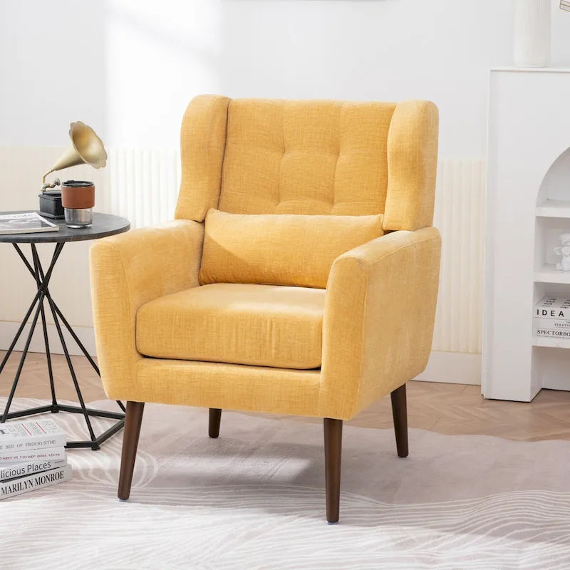 Fauteuil d'appoint, tissu chenille, pieds en bois fuselés, coussin lombaire, style milieu de siècle, avocat / orange / beige / jaune, 1 personne