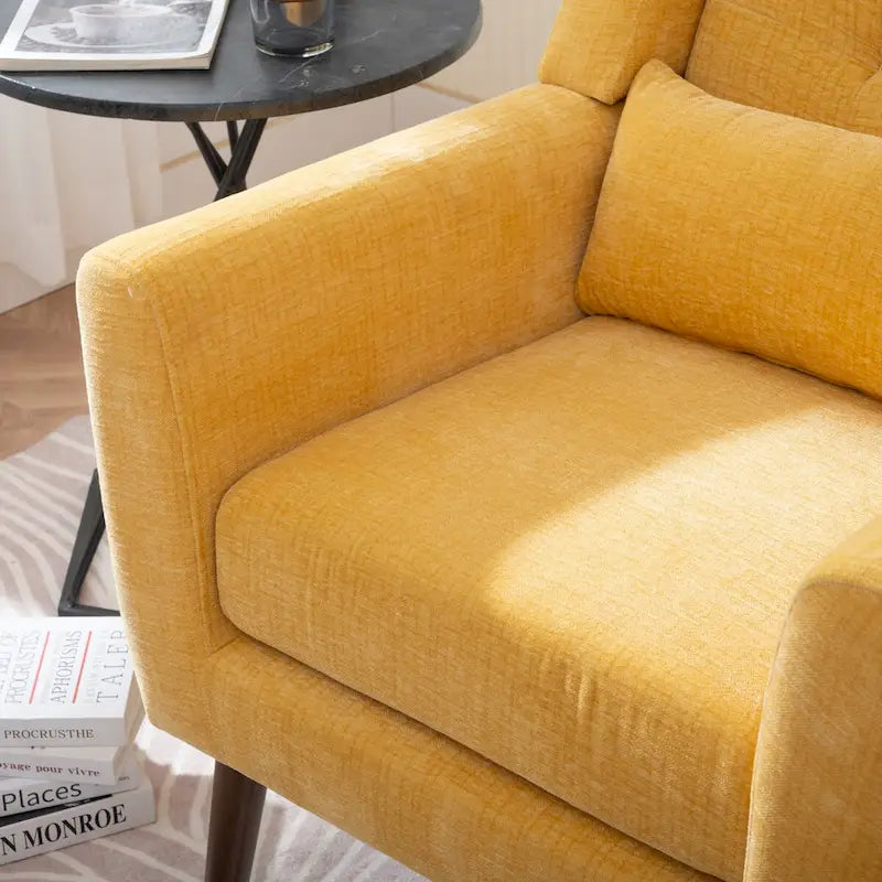 Fauteuil d'appoint, tissu chenille, pieds en bois fuselés, coussin lombaire, style milieu de siècle, avocat / orange / beige / jaune, 1 personne