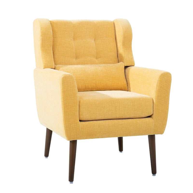 Fauteuil d'appoint, tissu chenille, pieds en bois fuselés, coussin lombaire, style milieu de siècle, avocat / orange / beige / jaune, 1 personne