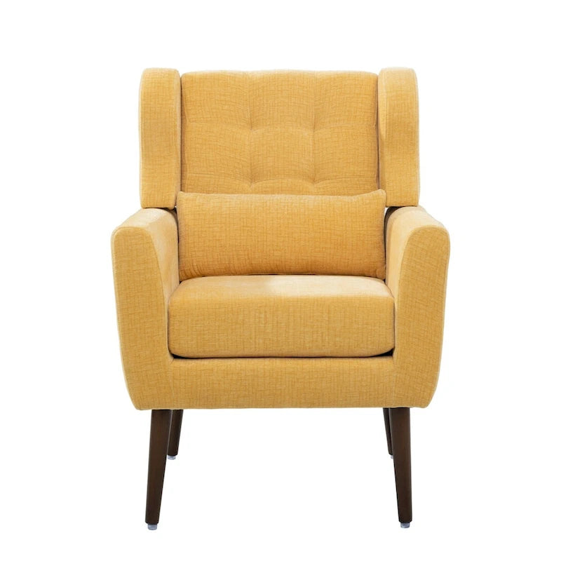 Fauteuil d'appoint, tissu chenille, pieds en bois fuselés, coussin lombaire, style milieu de siècle, avocat / orange / beige / jaune, 1 personne