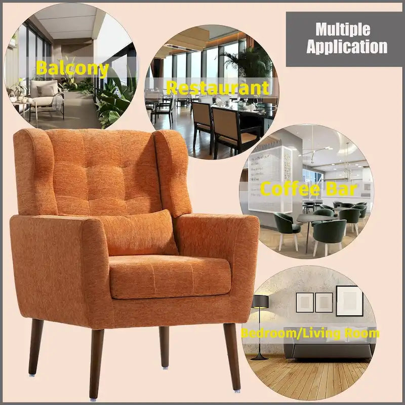 Fauteuil d'appoint, tissu chenille, pieds en bois fuselés, coussin lombaire, style milieu de siècle, avocat / orange / beige / jaune, 1 personne