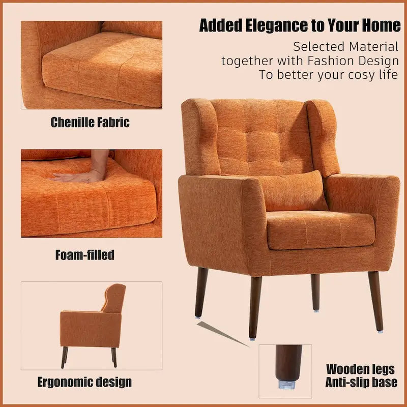 Fauteuil d'appoint, tissu chenille, pieds en bois fuselés, coussin lombaire, style milieu de siècle, avocat / orange / beige / jaune, 1 personne