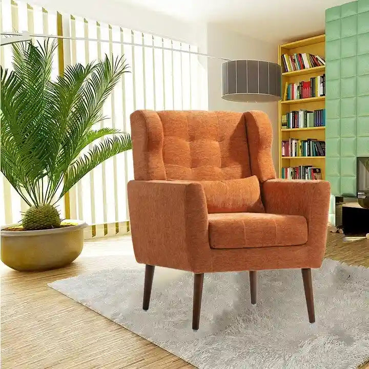 Fauteuil d'appoint, tissu chenille, pieds en bois fuselés, coussin lombaire, style milieu de siècle, avocat / orange / beige / jaune, 1 personne