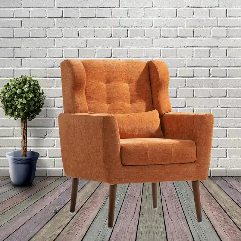 Fauteuil d'appoint, tissu chenille, pieds en bois fuselés, coussin lombaire, style milieu de siècle, avocat / orange / beige / jaune, 1 personne