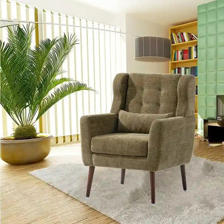 Fauteuil d'appoint, tissu chenille, pieds en bois fuselés, coussin lombaire, style milieu de siècle, avocat / orange / beige / jaune, 1 personne
