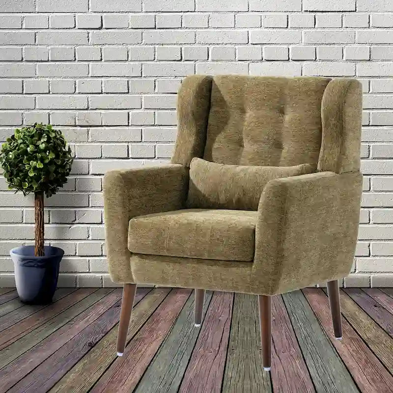 Fauteuil d'appoint, tissu chenille, pieds en bois fuselés, coussin lombaire, style milieu de siècle, avocat / orange / beige / jaune, 1 personne