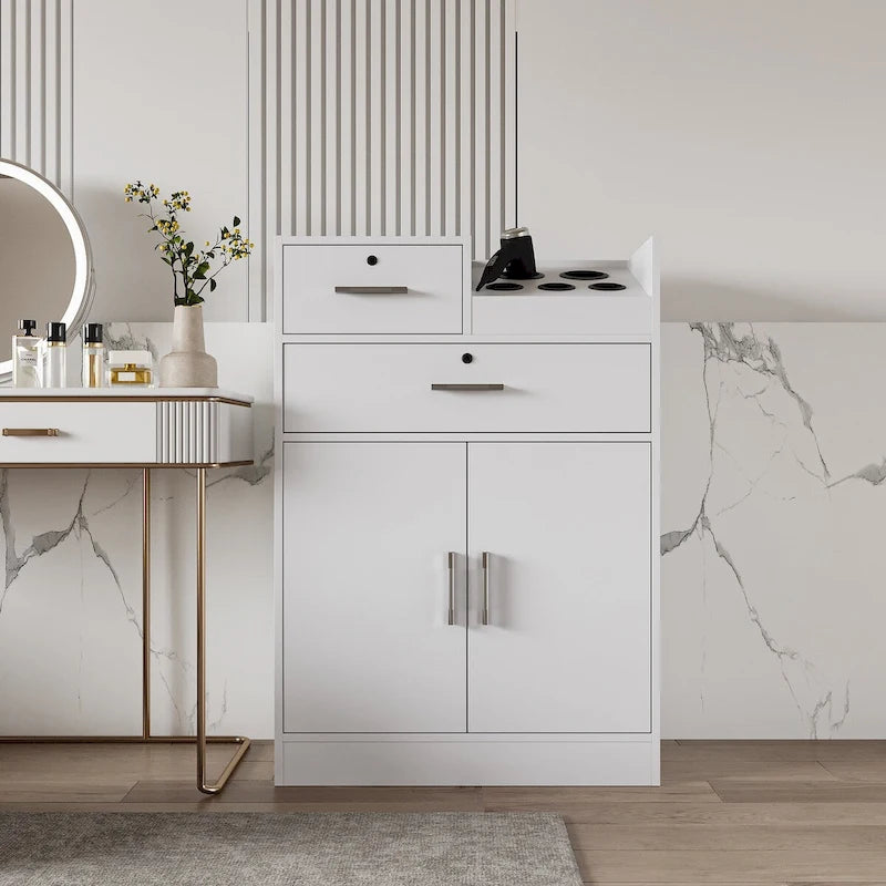 Meuble de rangement pour salon, 2 tiroirs, 1 placard, support sèche-cheveux, blanc / rose, 1 unité