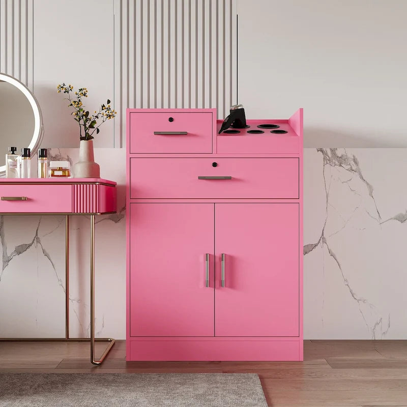 Meuble de rangement pour salon, 2 tiroirs, 1 placard, support sèche-cheveux, blanc / rose, 1 unité