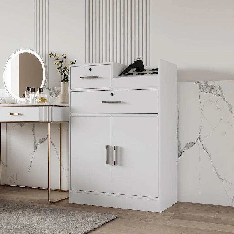 Meuble de rangement pour salon, 2 tiroirs, 1 placard, support sèche-cheveux, blanc / rose, 1 unité