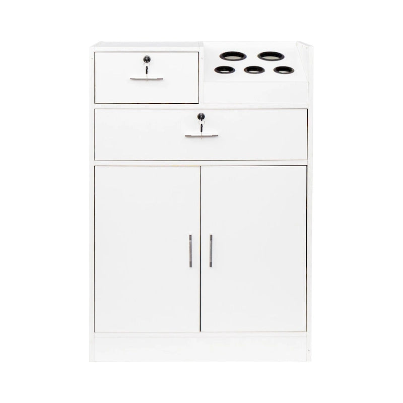 Meuble de rangement pour salon, 2 tiroirs, 1 placard, support sèche-cheveux, blanc / rose, 1 unité