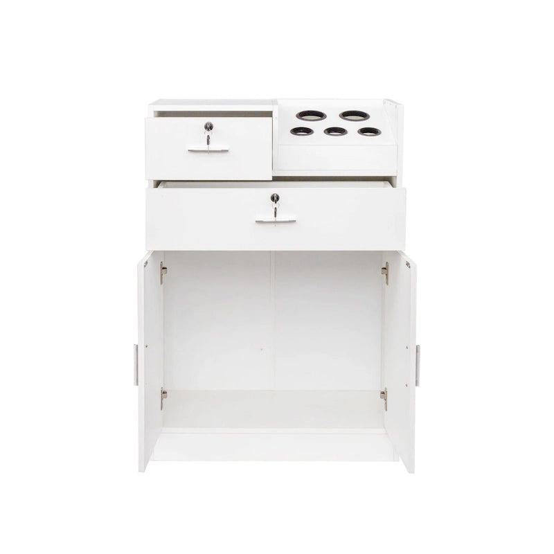 Meuble de rangement pour salon, 2 tiroirs, 1 placard, support sèche-cheveux, blanc / rose, 1 unité