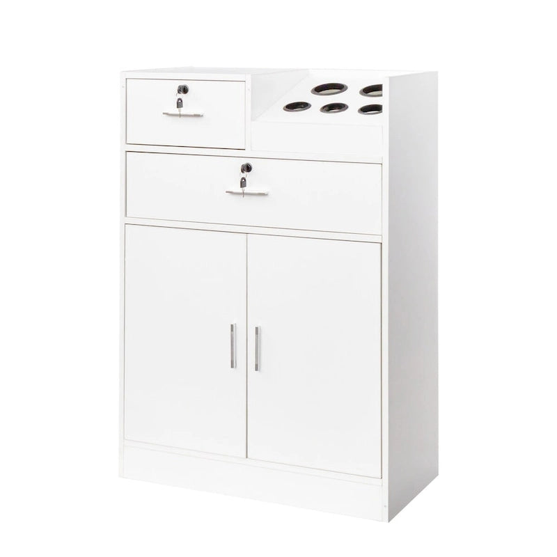 Meuble de rangement pour salon, 2 tiroirs, 1 placard, support sèche-cheveux, blanc / rose, 1 unité